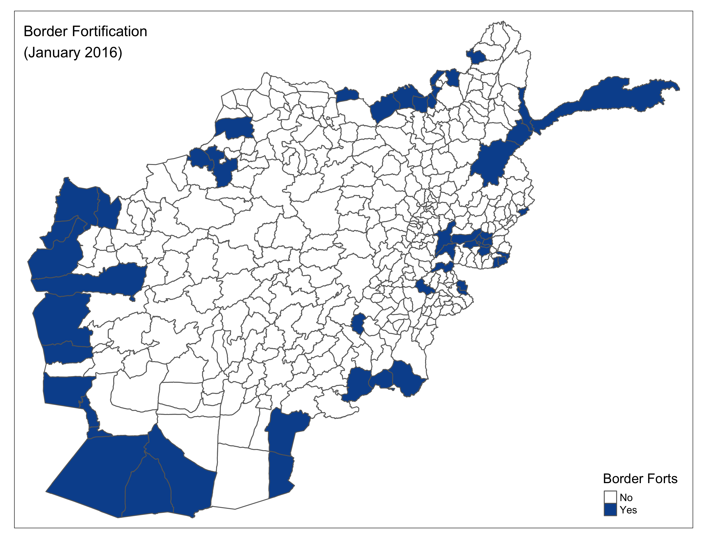 Map of Afghan districts marking the presence of border fortification, January 2016