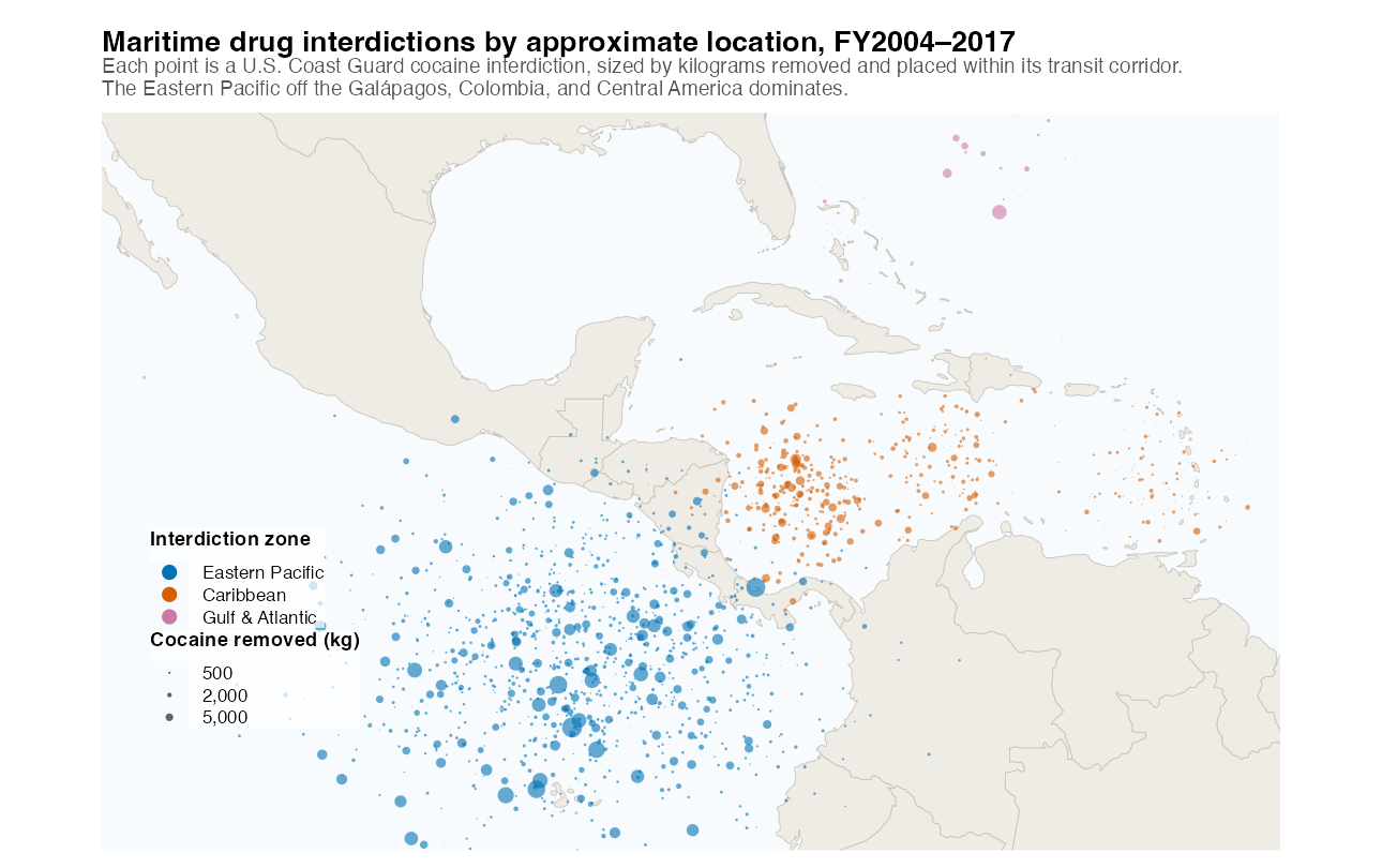 Map of the Eastern Pacific and Caribbean showing approximate U.S. Coast Guard cocaine interdiction locations, sized by kilograms removed