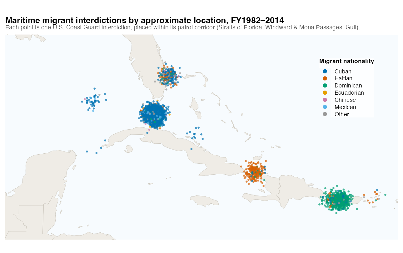 Map of the Caribbean and Gulf of Mexico showing approximate U.S. Coast Guard migrant interdiction locations, colored by nationality