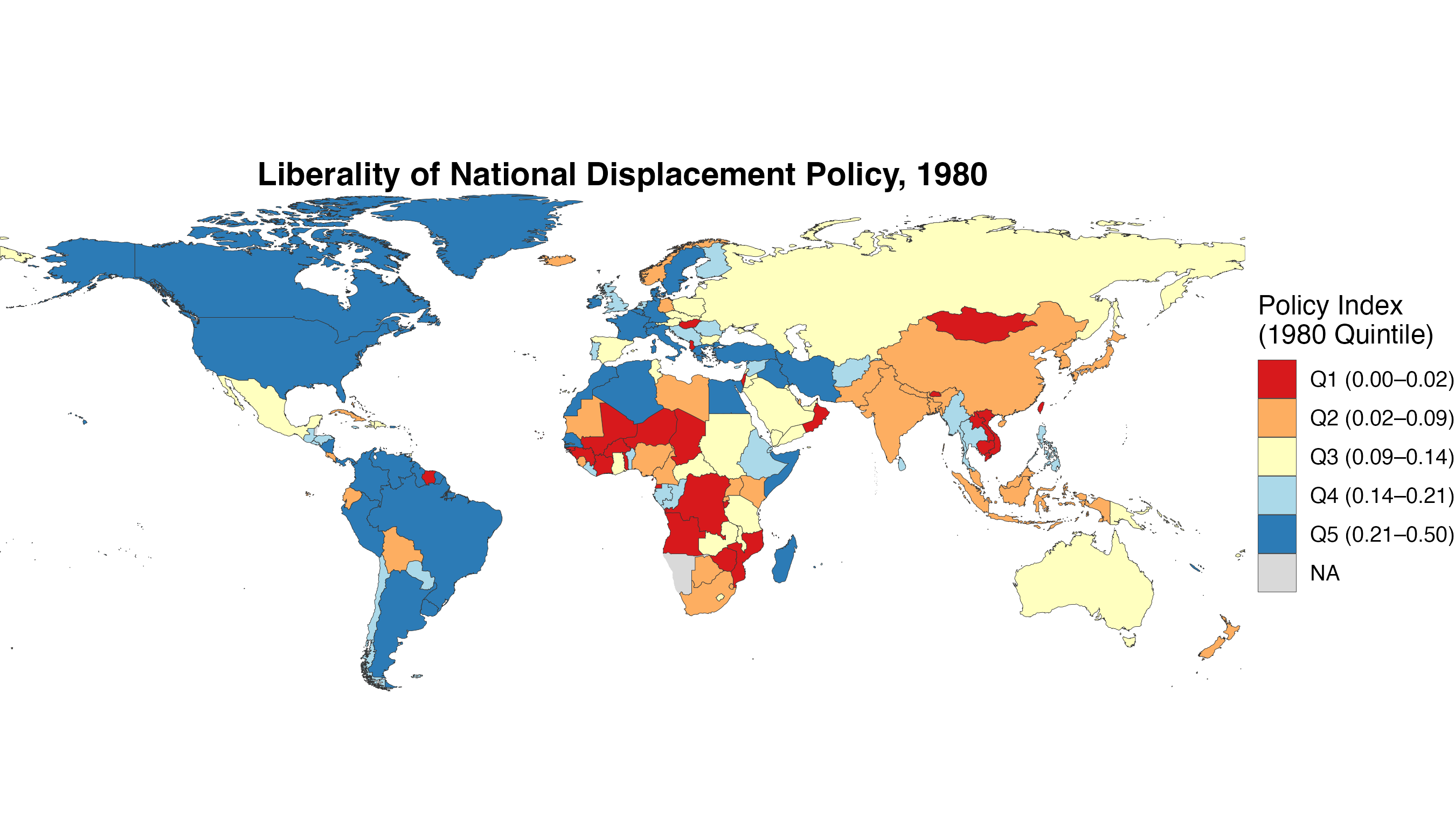 World map of displacement-policy liberality in 1980, shaded by DWRAP index quintile
