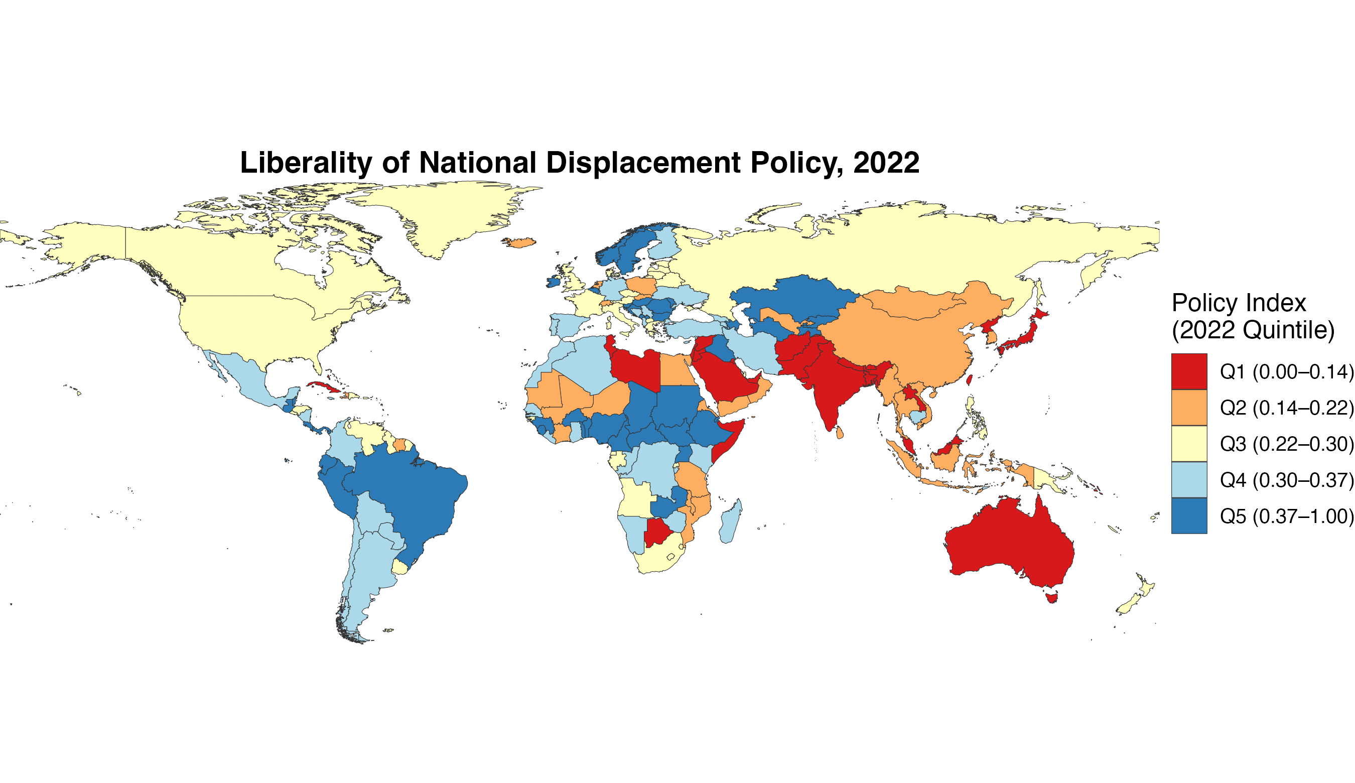 World map of displacement-policy liberality in 2022, shaded by DWRAP index quintile