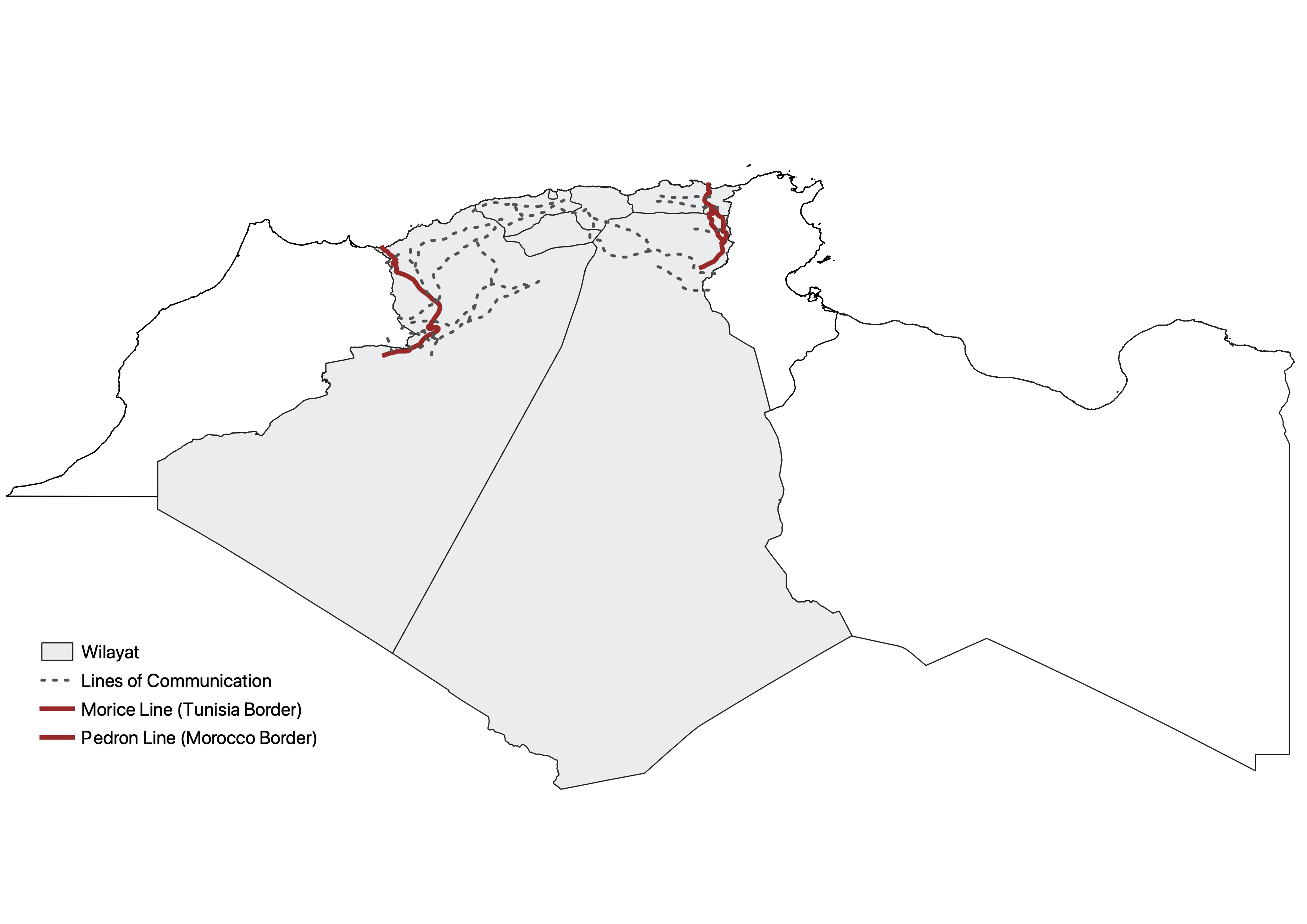 Map of FLN lines of communication and French border fortifications during the Algerian War of Independence