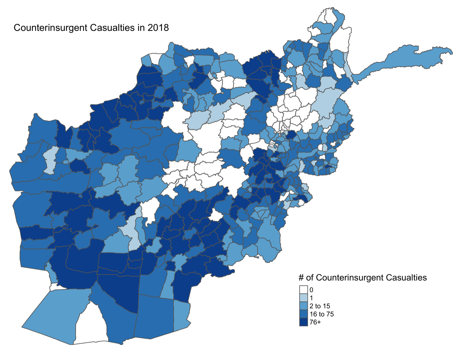 District map of counterinsurgent casualties across Afghanistan in 2018