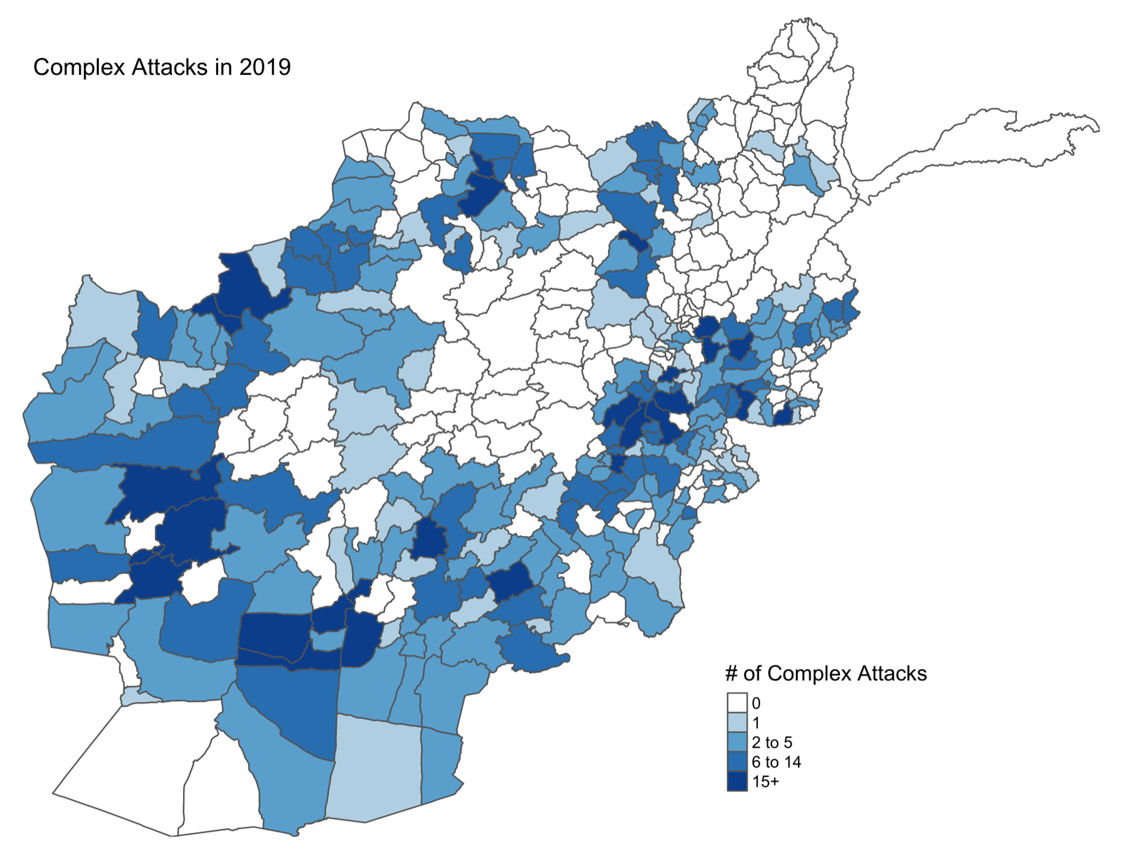District map of complex attacks across Afghanistan in 2019