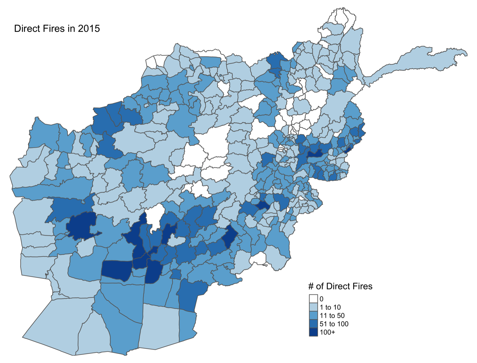 District map of direct fires across Afghanistan in 2015