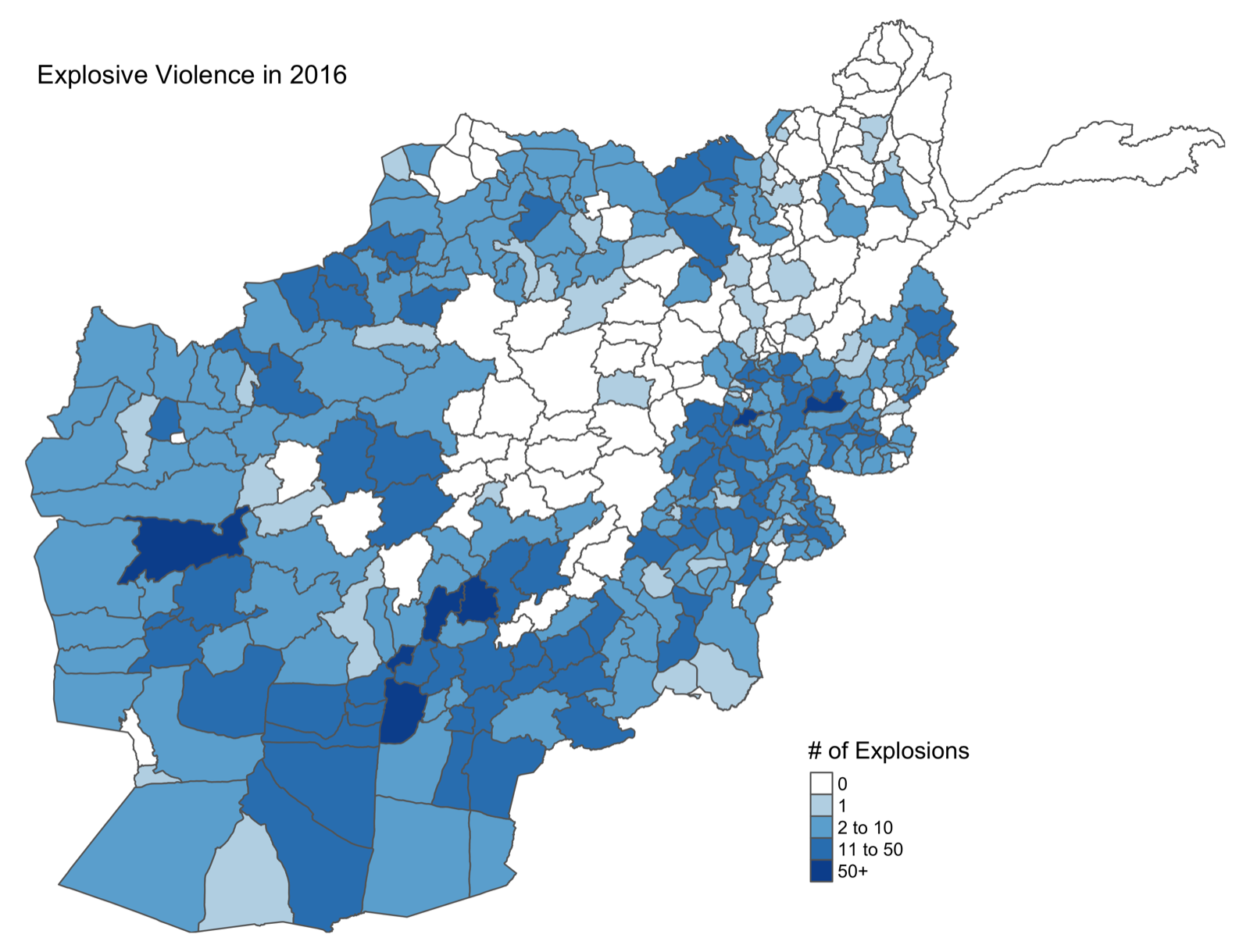 District map of explosive violence across Afghanistan in 2016