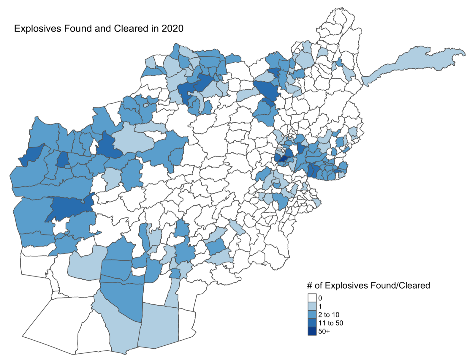 District map of explosives found and cleared across Afghanistan in 2020