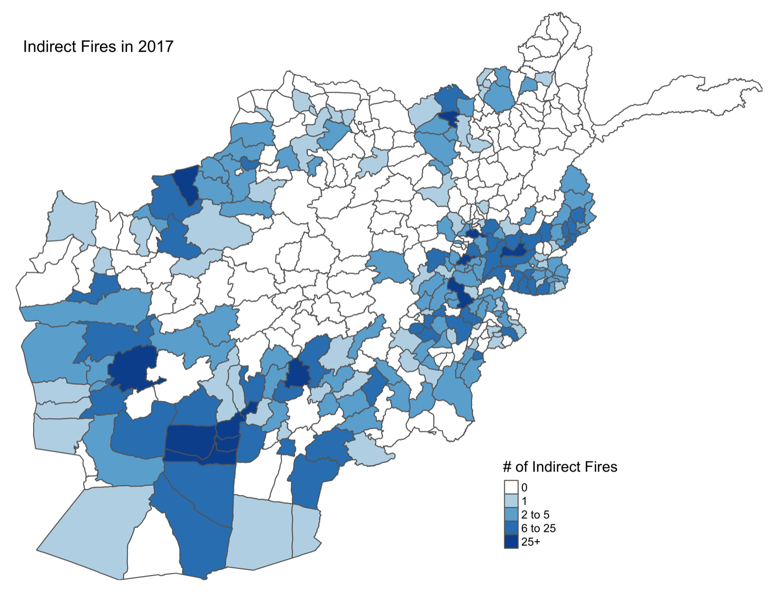 District map of indirect fires across Afghanistan in 2017