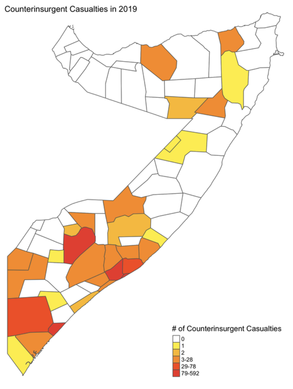 District map of counterinsurgent casualties across Somalia in 2019