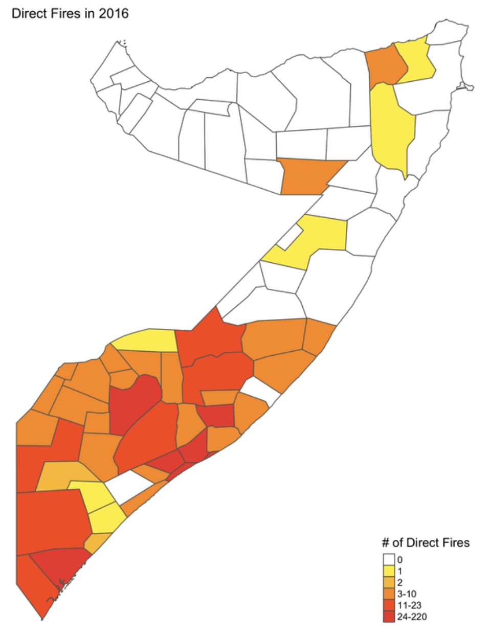 District map of direct fires across Somalia in 2016