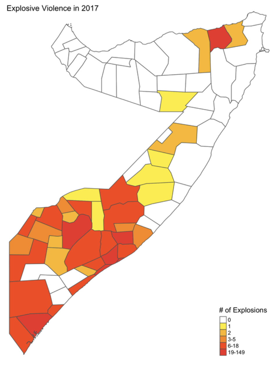 District map of explosive violence across Somalia in 2017
