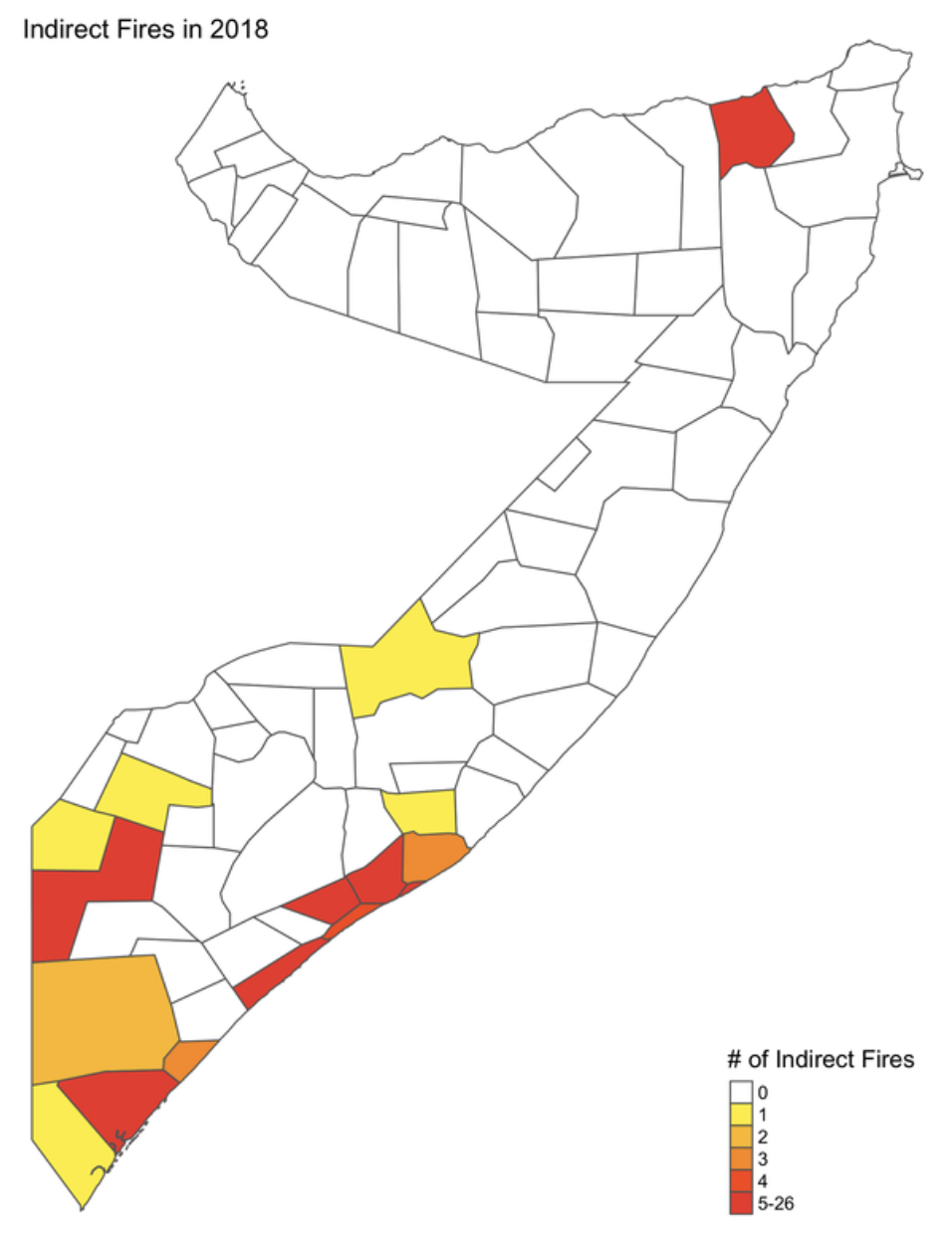 District map of indirect fires across Somalia in 2018